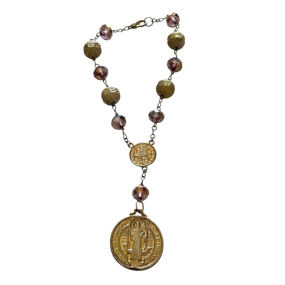 Rosary Chaplet Saint Benedict Holy Medal Gold Tone Purple Glass Beads 9” - Picture 7 of 7